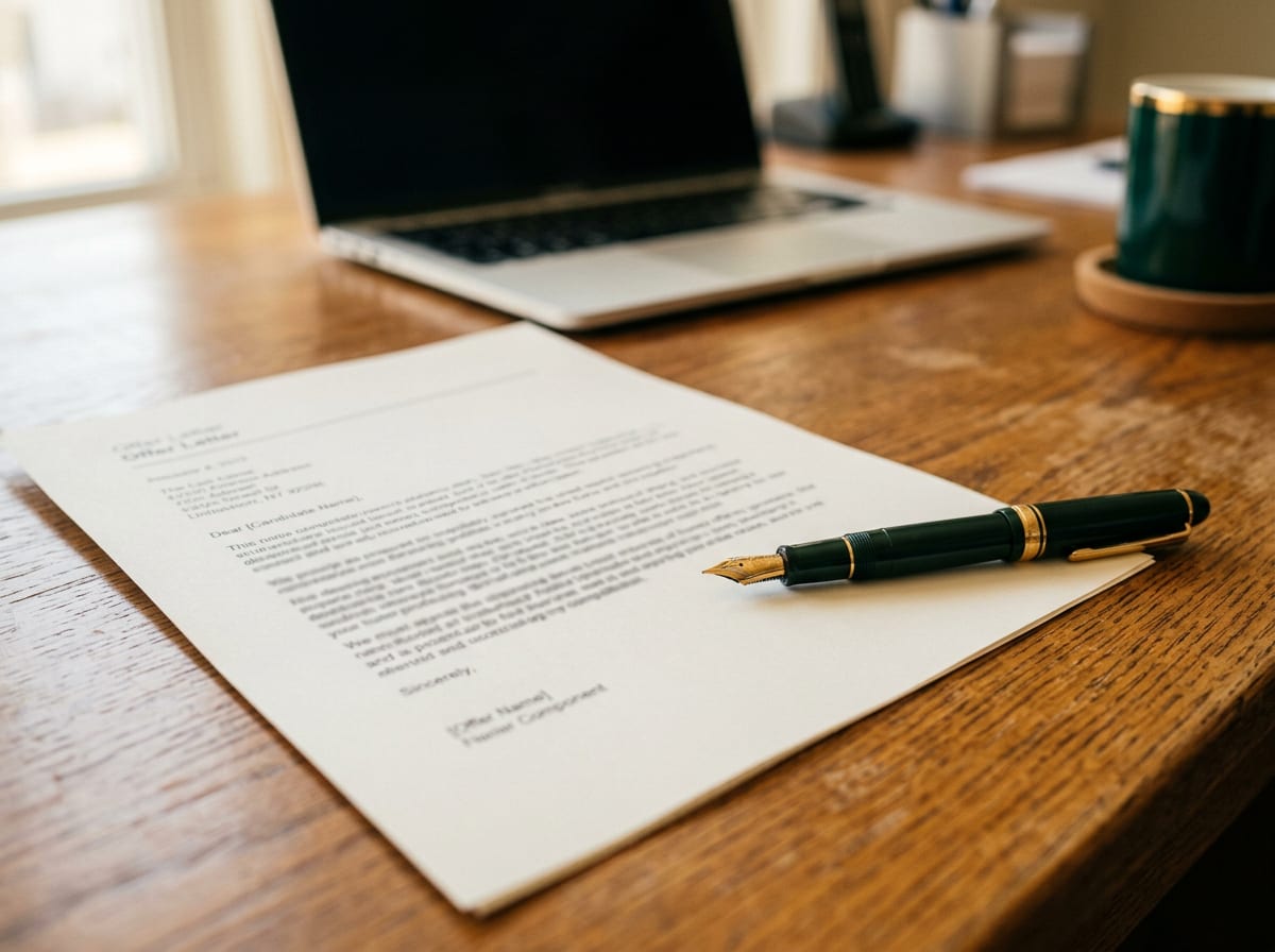 Carta de proposta de emprego impressa sobre mesa de madeira, com caneta ao lado