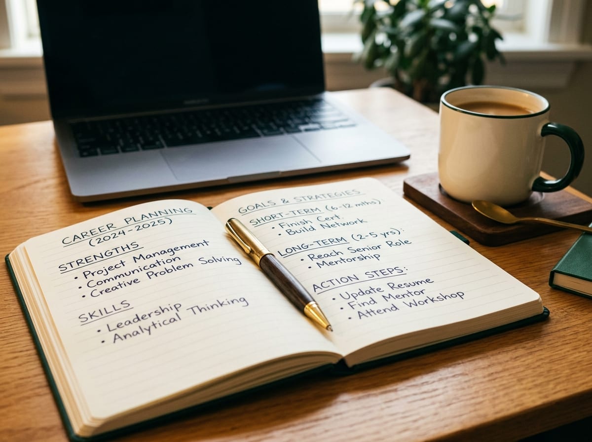 Caderno aberto com anotações de planejamento de carreira, caneta e xícara de café