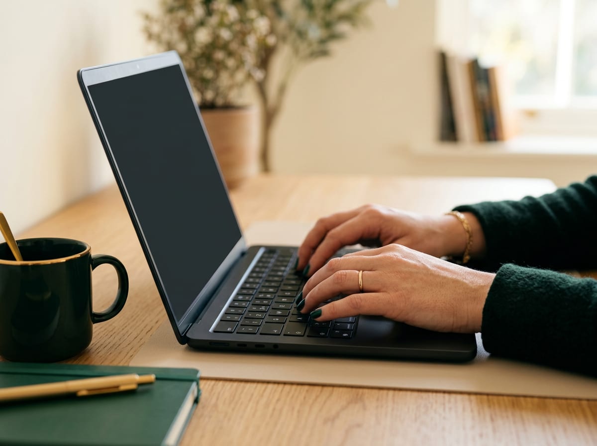 Mãos digitando em notebook sobre mesa de madeira, ambiente profissional