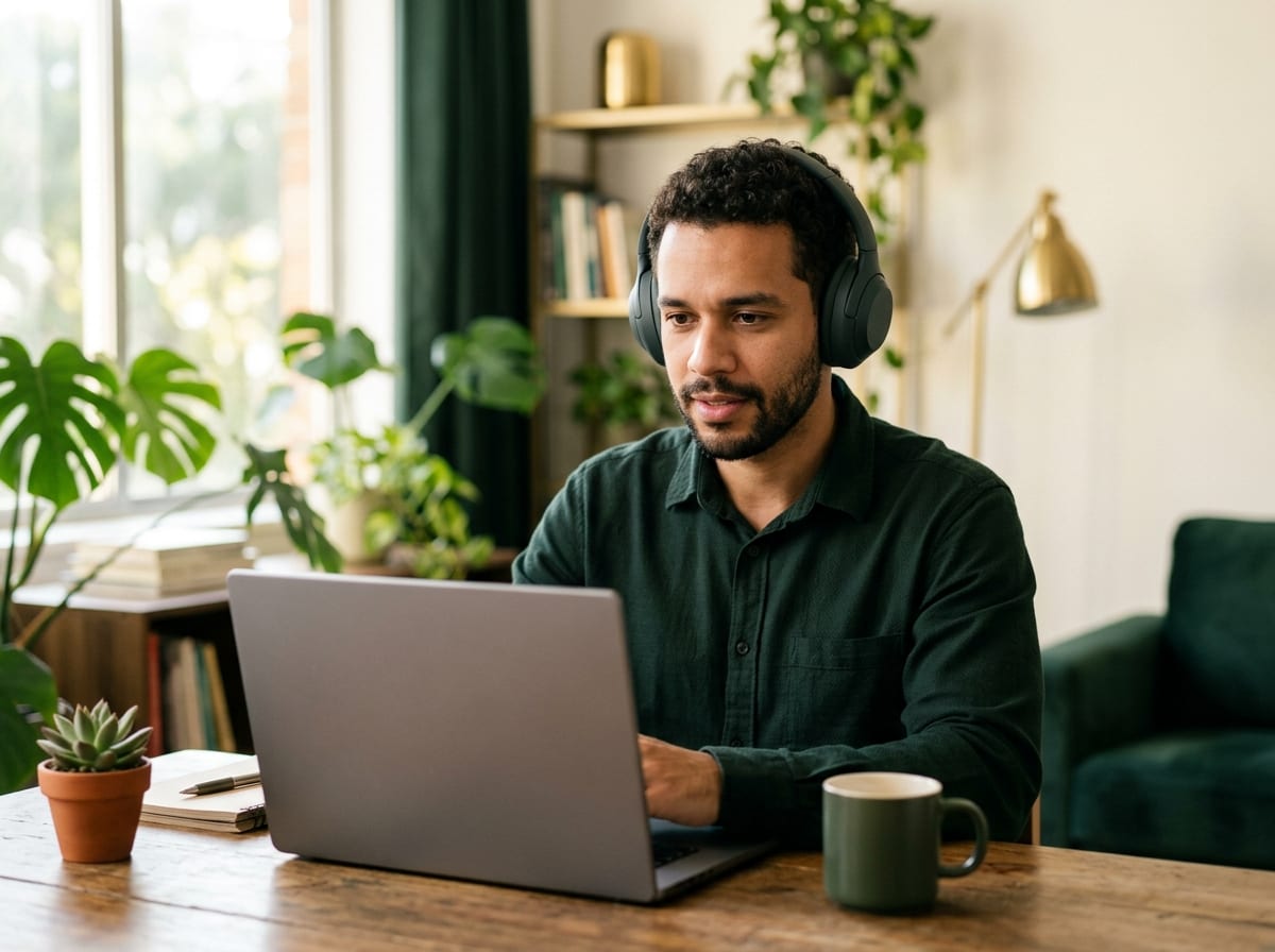 Profissional em videochamada de trabalho, ambiente doméstico