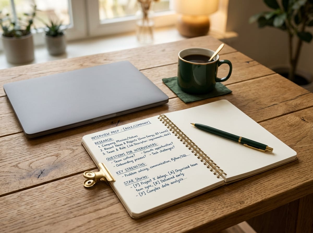 Caderno com anotações de preparação para entrevista ao lado de notebook fechado