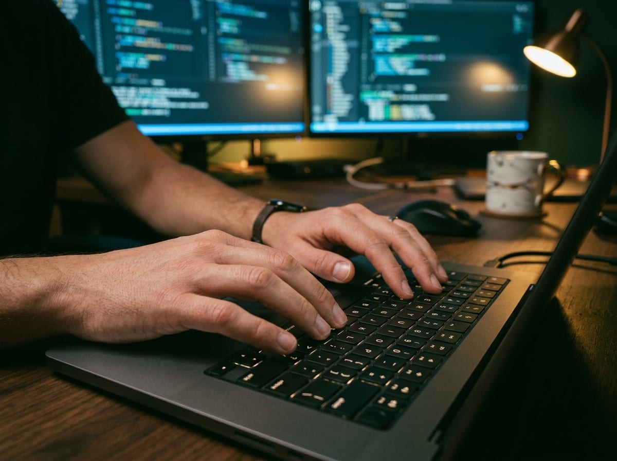 Close-up de mãos digitando código em notebook, dois monitores desfocados ao fundo