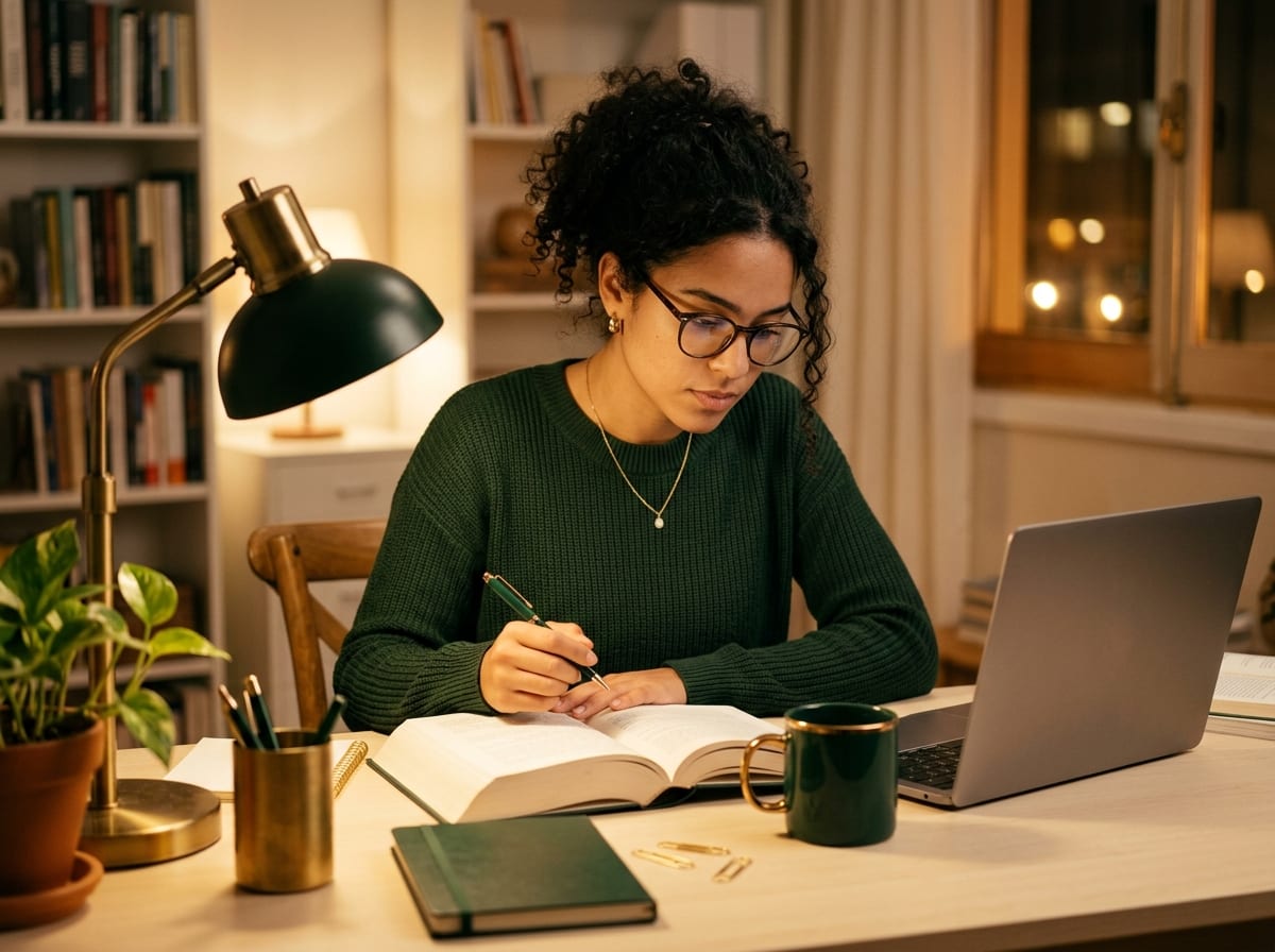 Profissional estudando à mesa com livro aberto e notebook, ambiente noturno