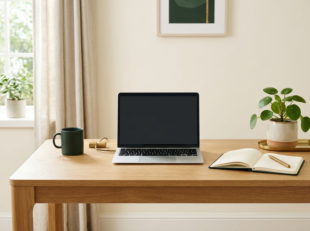 Mesa de trabalho minimalista com notebook, caderno e planta, luz natural suave