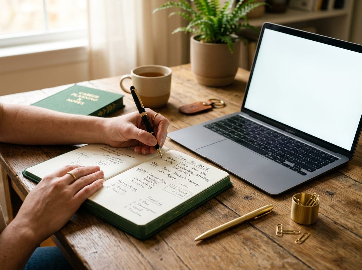 Mãos escrevendo notas de planejamento de carreira em um caderno verde, ao lado de um notebook com a tela em branco