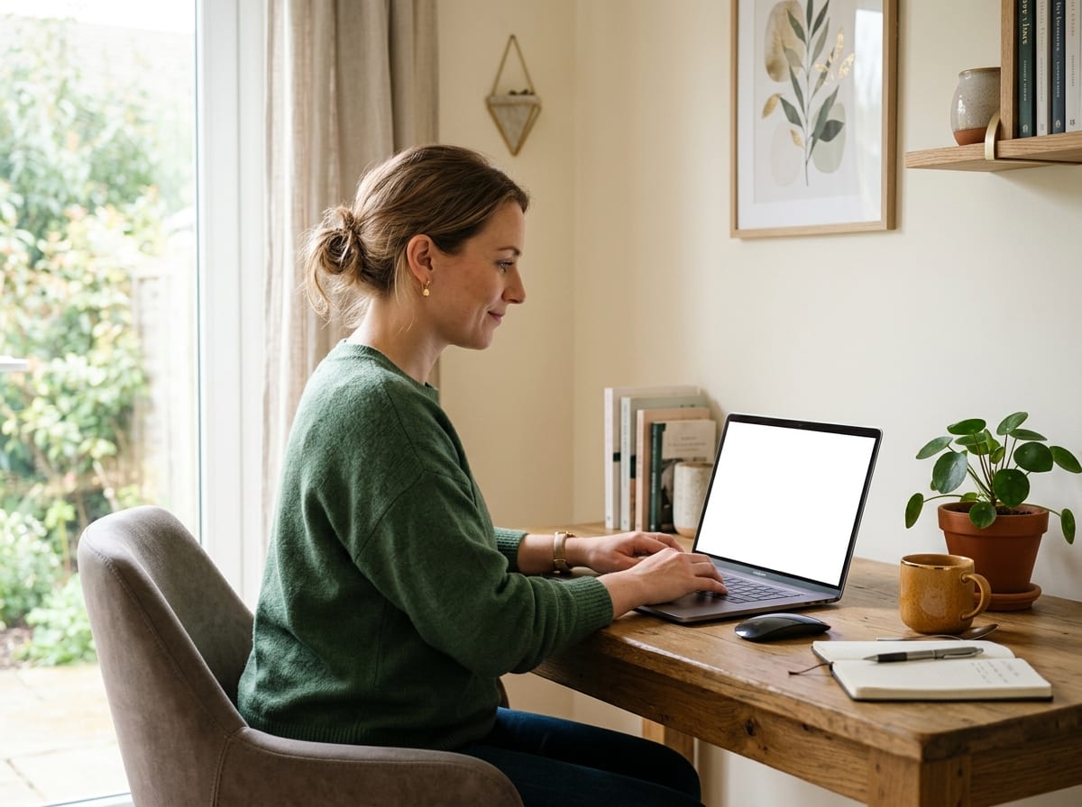 Profissional trabalhando com tranquilidade em um laptop no home office, com planta e caneca por perto