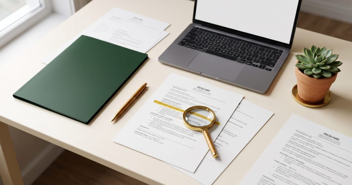 Mesa com currículos impressos, lupa e laptop - dor de nao passar pelo ATS