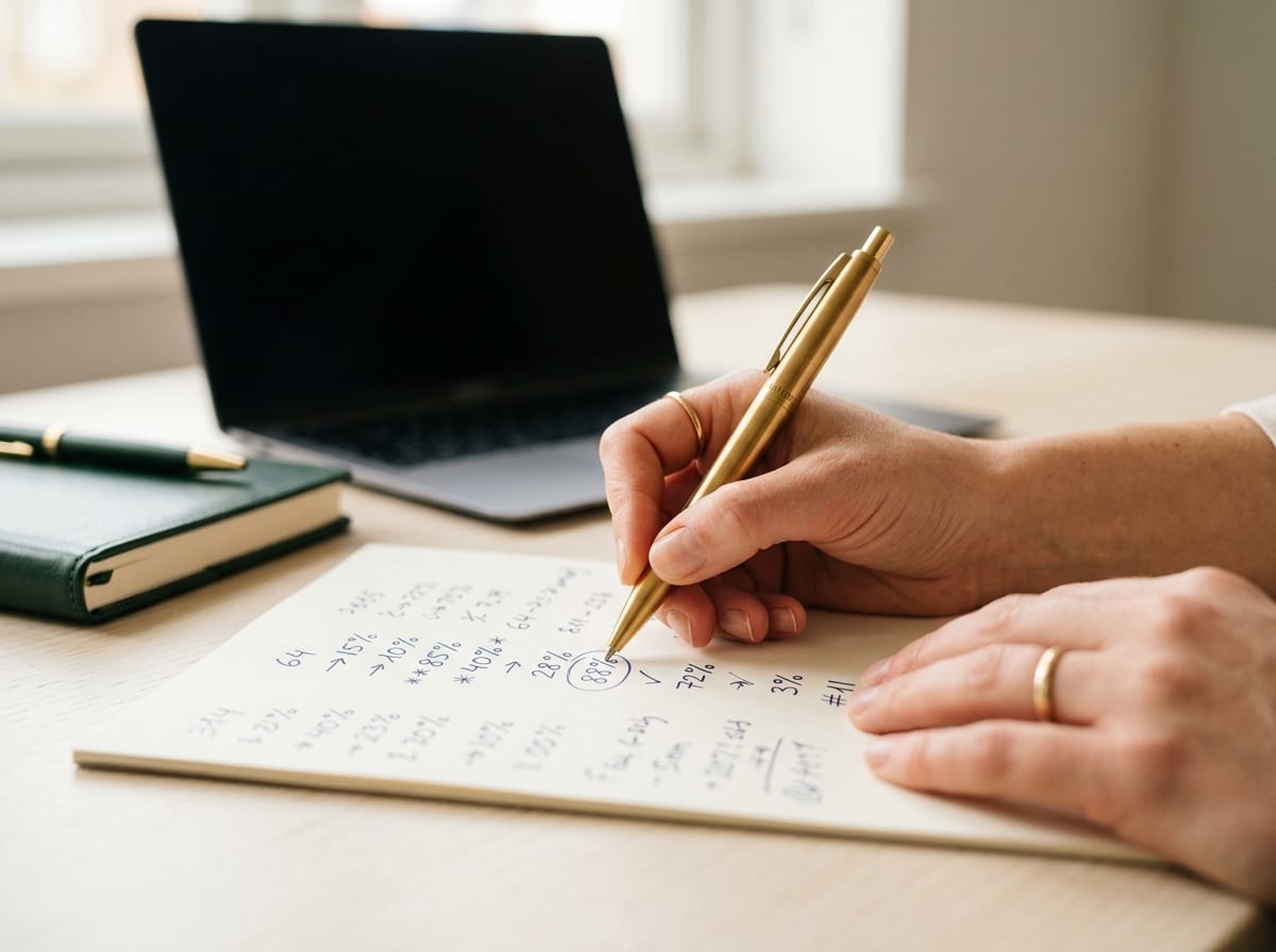 Mãos anotando números e percentuais em um caderno de resultados de carreira