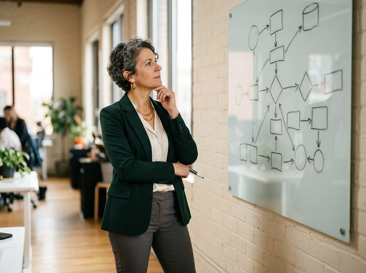 Profissional observando um quadro com diagrama de roadmap de carreira