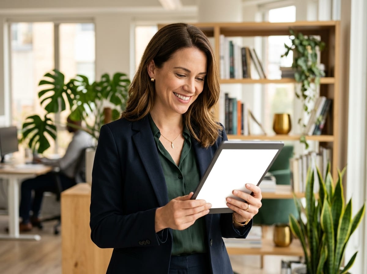 Profissional sorrindo ao revisar seu plano de carreira em um tablet