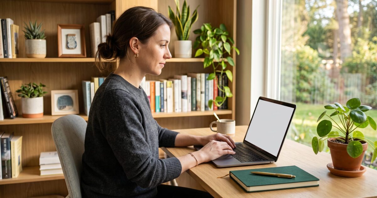 Profissional usando o Carreira+ em um laptop, mentor de carreira com IA